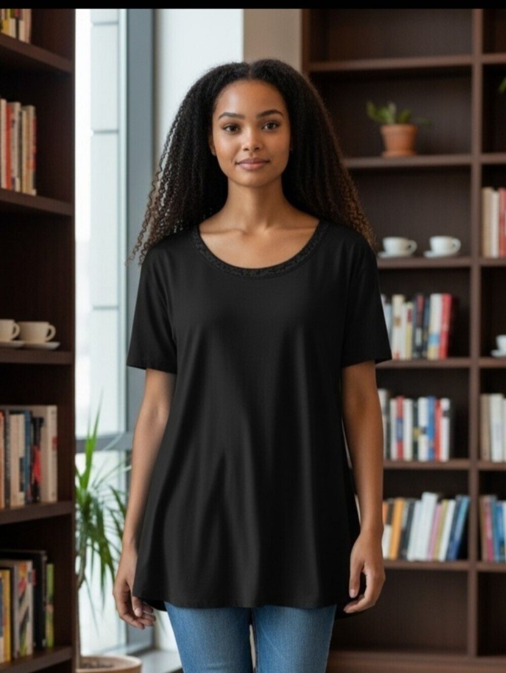 Joan Vass Womens Black Fitted Short Sleeve High Low Blouse Size Large NWT